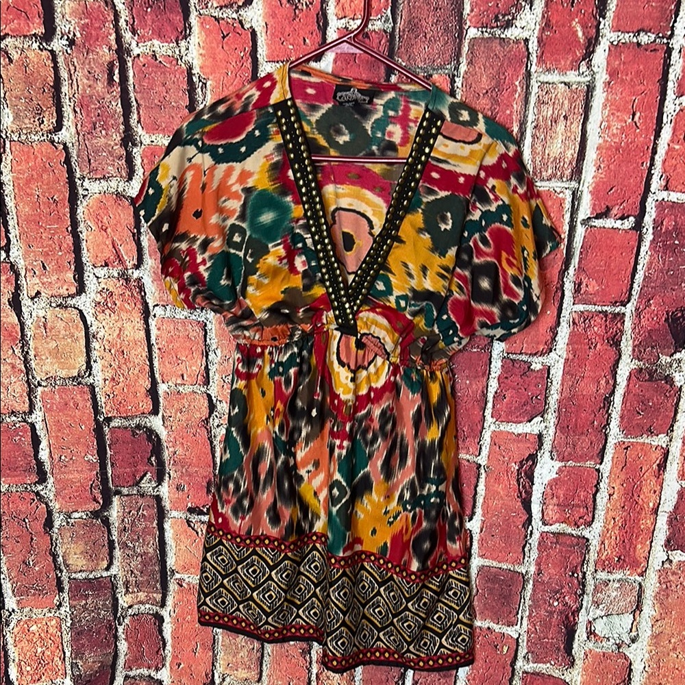 Angie Multicolor Dress with Studded V-Neckline - Size Small Colorful Patterned